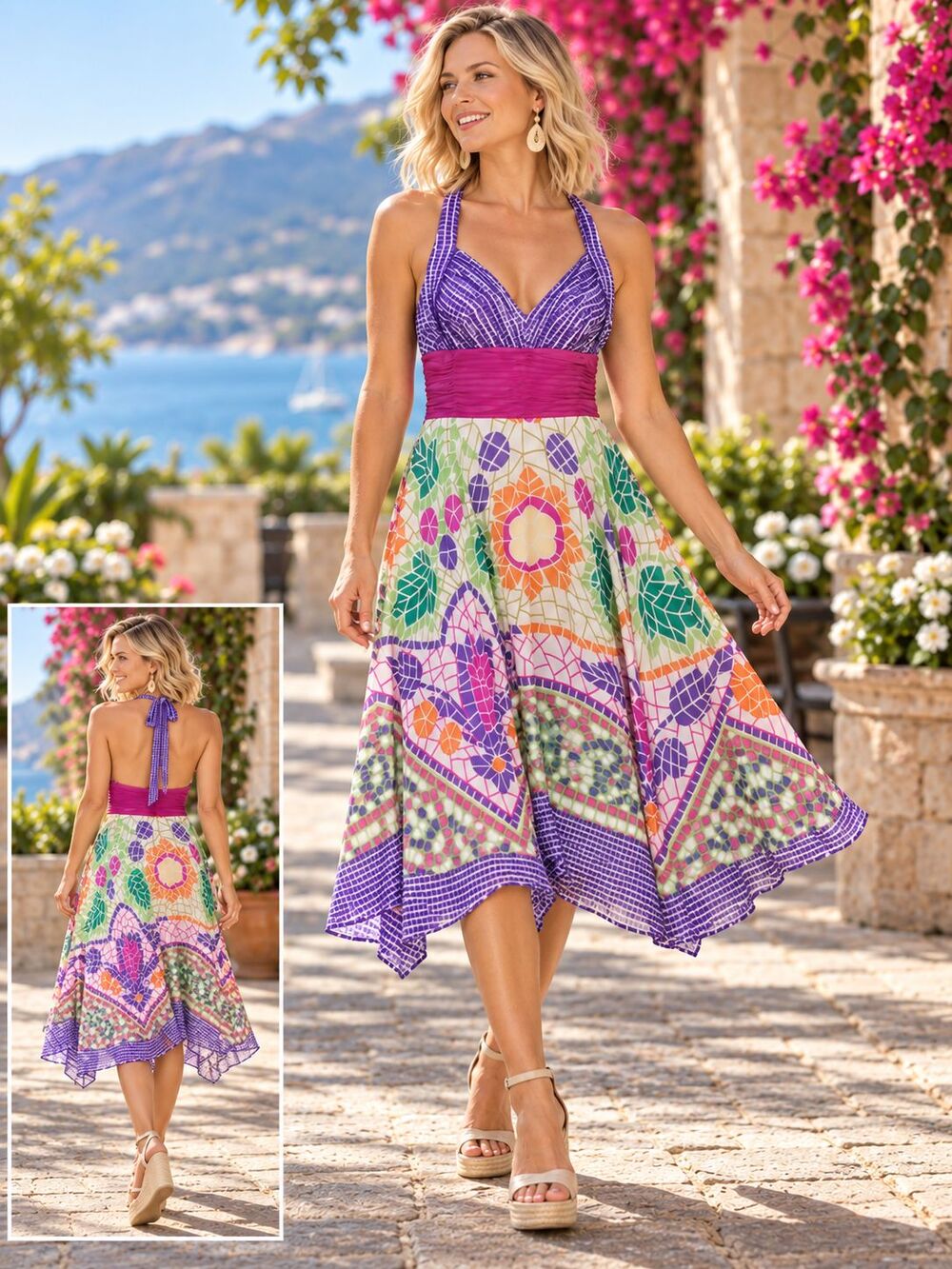 Sangria Size 6 Silk Halter Maxi Dress Purple Pink Floral Handkerchief Hem